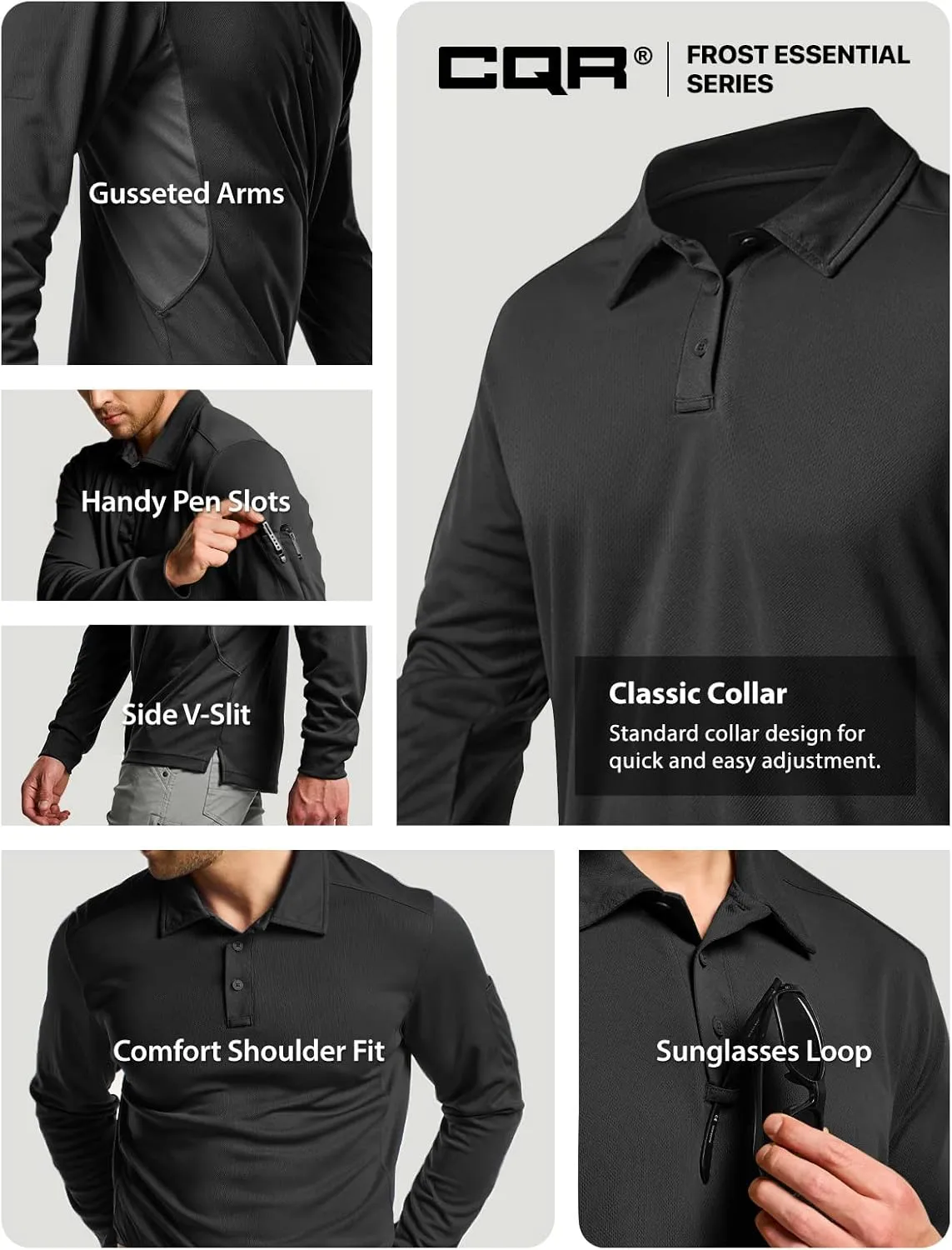 CQR Men's Polo Shirt, Long Sleeve Tactical Shirts, Outdoor UPF 50  Pique Shirt, Dry Fit Lightweight Golf Shirts