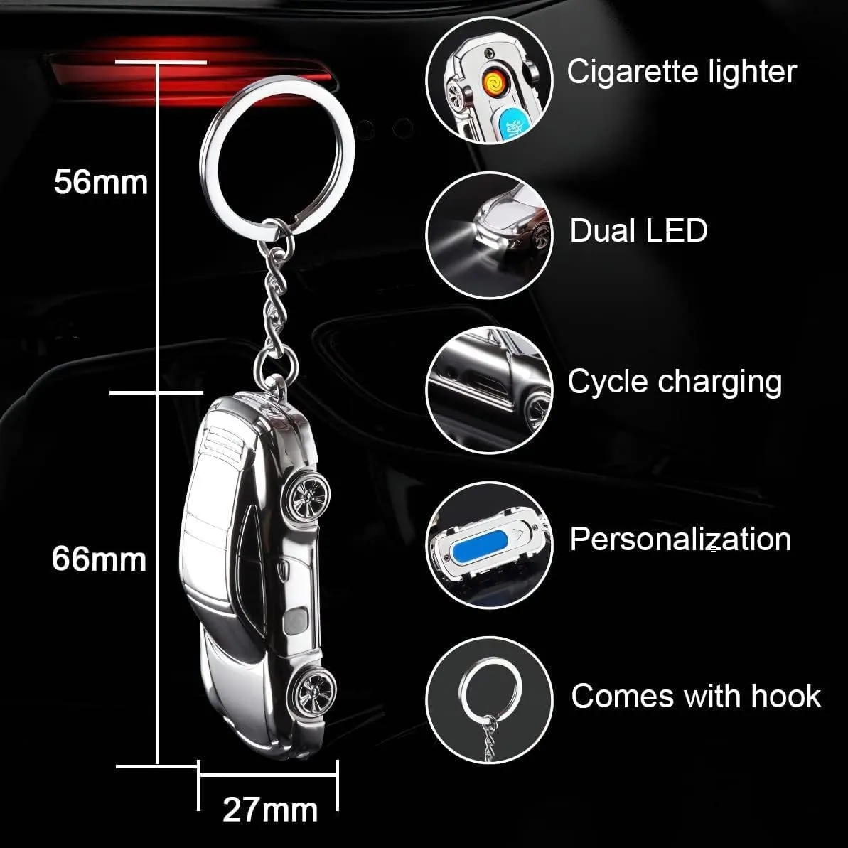 Creative car Keychain Lighter, USB Rechargeable Lighter, Windproof Lighter with LED Light Flashlight, Men's car Keychain Ring with Gift Box(Color:Black)