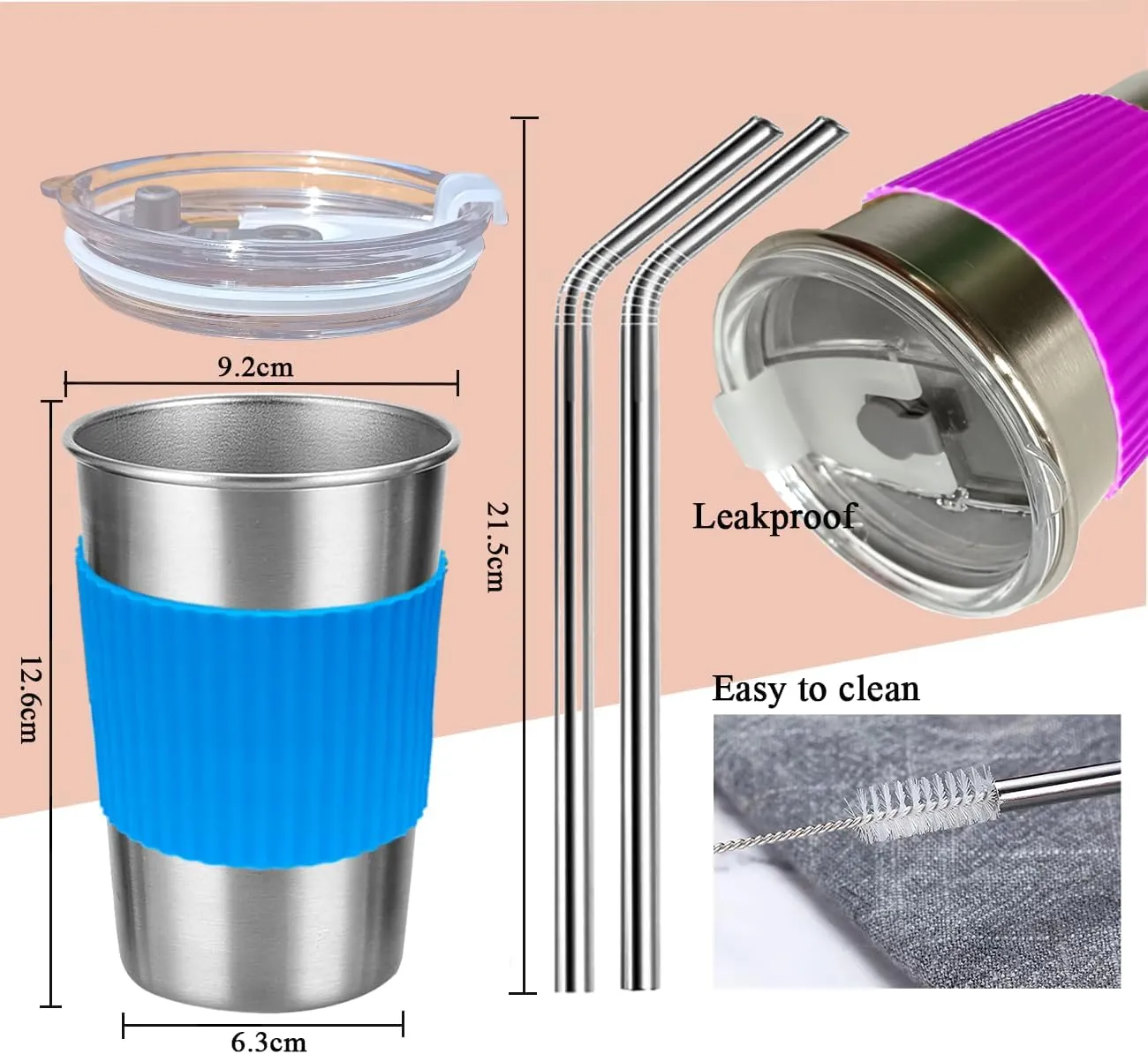 Cups with Lids and Straws, 17oz 4 Pack Reusable Leakproof Stainless Steel Cups, BPA Free Unbreakable Metal Coffee/Beer/Smoothie Camping Cup(Black&Blue&Pink&Purple)