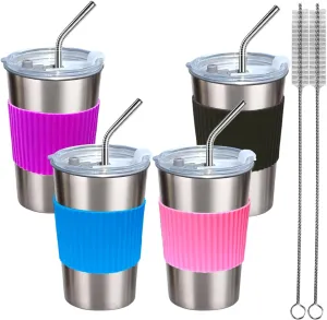 Cups with Lids and Straws, 17oz 4 Pack Reusable Leakproof Stainless Steel Cups, BPA Free Unbreakable Metal Coffee/Beer/Smoothie Camping Cup(Black&Blue&Pink&Purple)