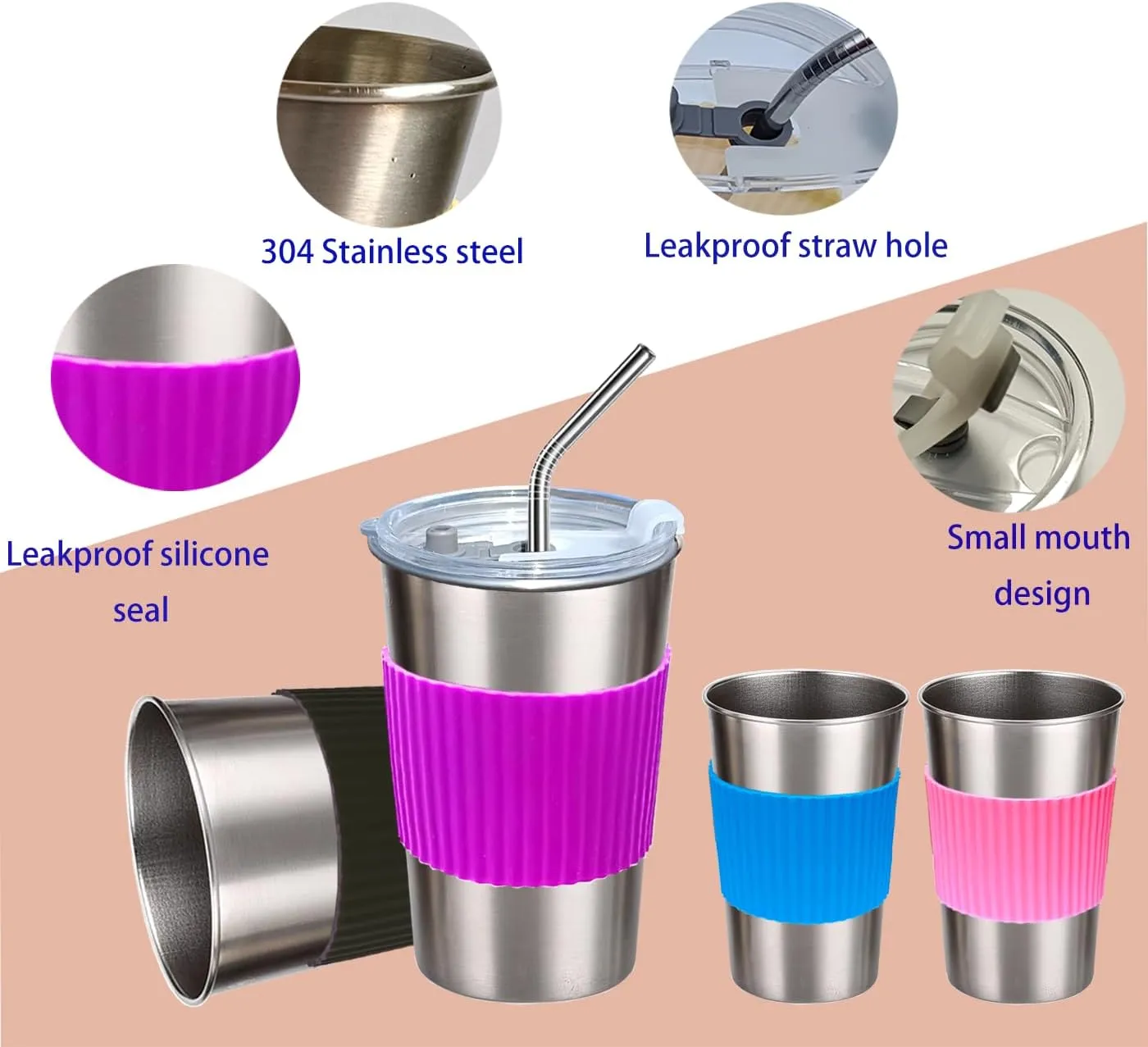Cups with Lids and Straws, 17oz 4 Pack Reusable Leakproof Stainless Steel Cups, BPA Free Unbreakable Metal Coffee/Beer/Smoothie Camping Cup(Black&Blue&Pink&Purple)