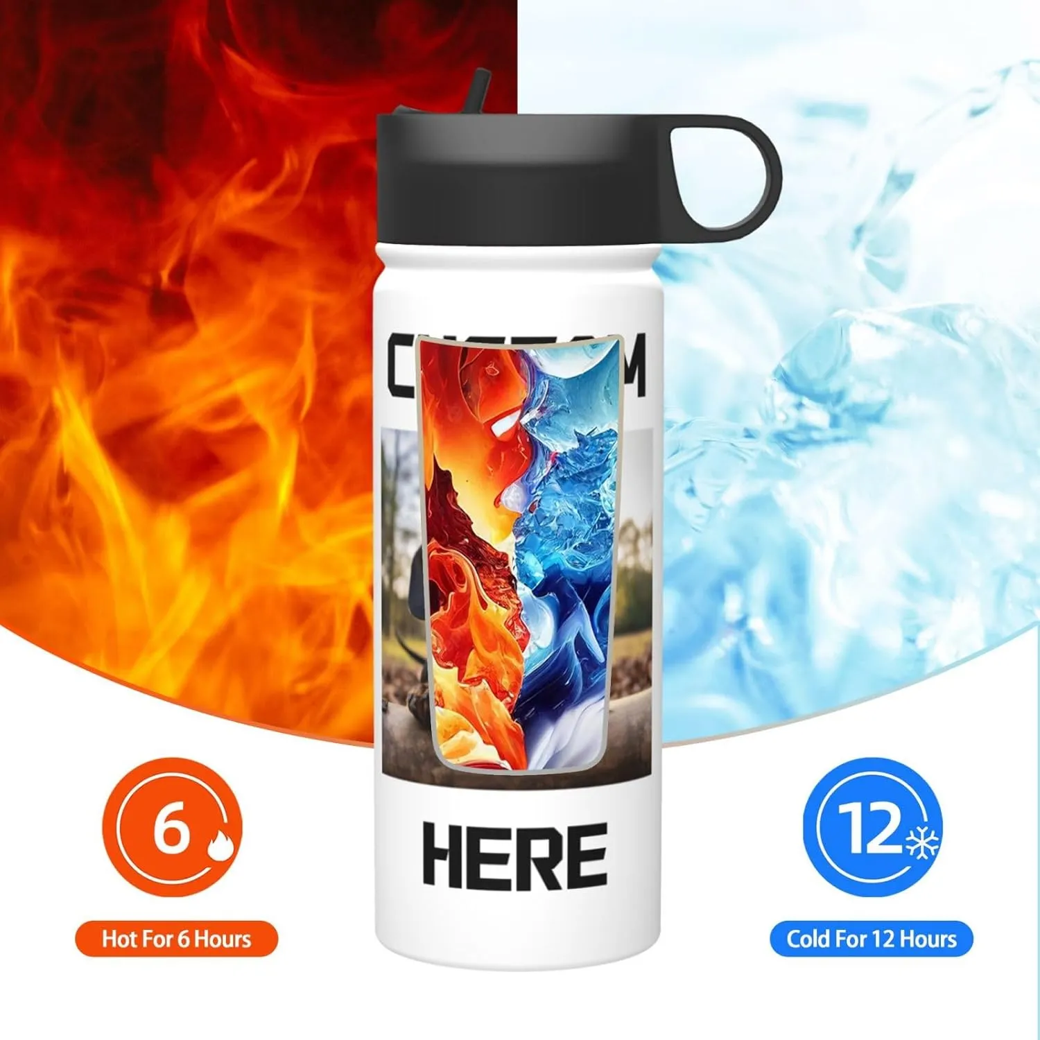 Custom Photo Water Bottle Add Your Design to Customize 18 oz Stainless Steel Sports Bottles Personalized Colorful Background Travel Mug