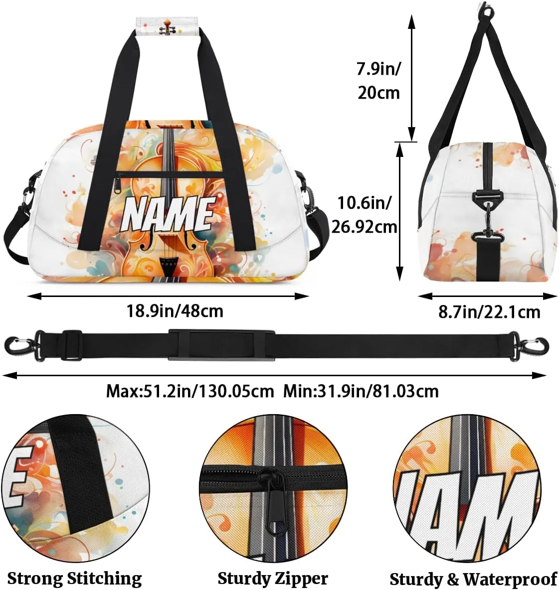 Custom Violin Music Sports Gym Bag Personalized Music Name Travel Duffel Bag Customized Weekender Overnight Bags for Women Men