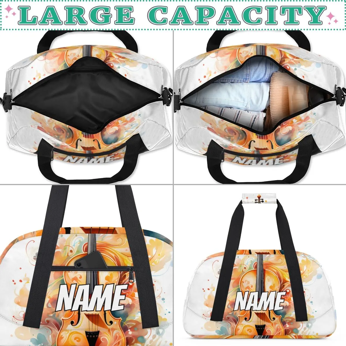 Custom Violin Music Sports Gym Bag Personalized Music Name Travel Duffel Bag Customized Weekender Overnight Bags for Women Men