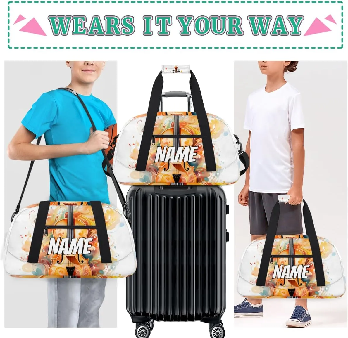 Custom Violin Music Sports Gym Bag Personalized Music Name Travel Duffel Bag Customized Weekender Overnight Bags for Women Men