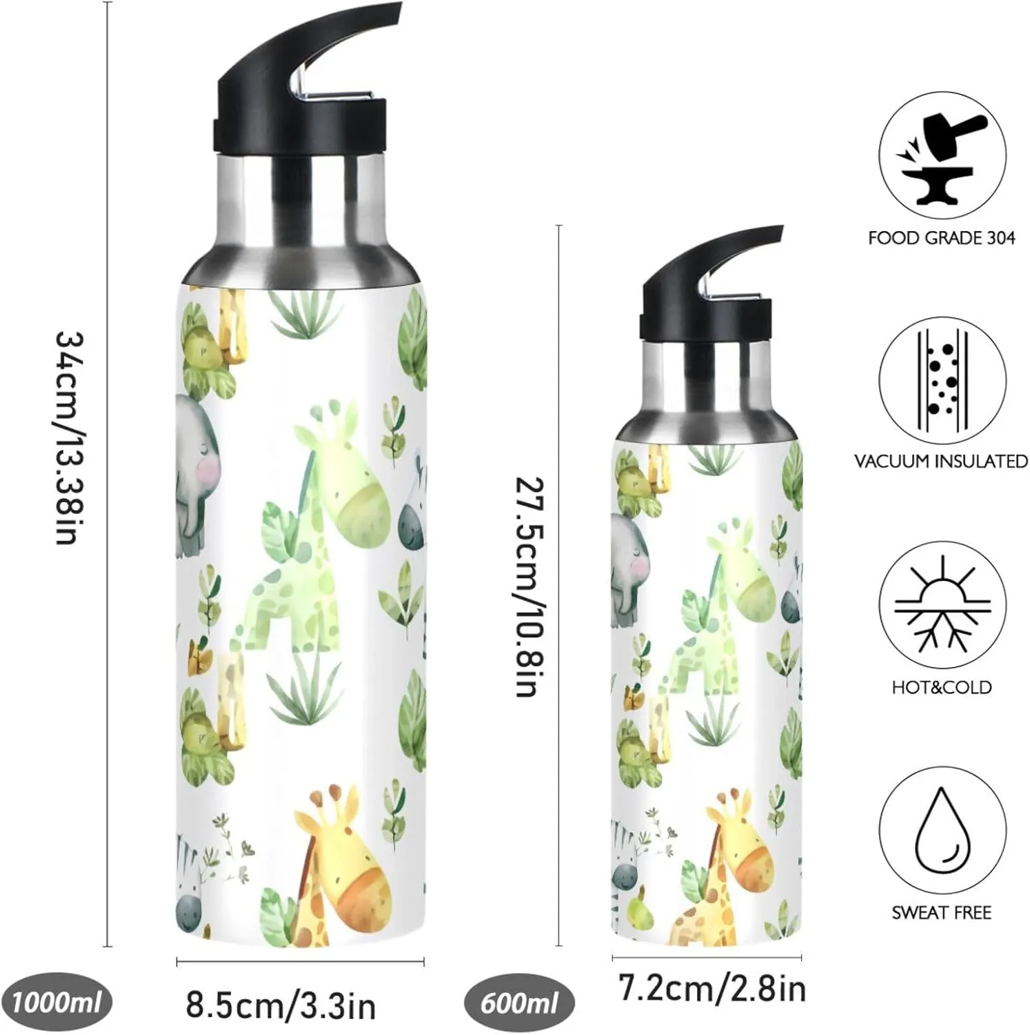 Cute Animals Sports Water Bottle with Straw, 22oz BPA Free Stainless Steel Vacuum Insulated Bottle for Gym Fitness Outdoor