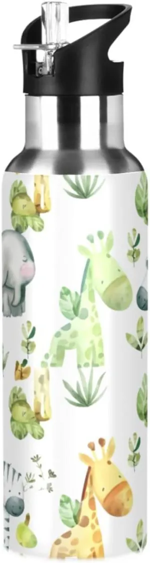 Cute Animals Sports Water Bottle with Straw, 22oz BPA Free Stainless Steel Vacuum Insulated Bottle for Gym Fitness Outdoor