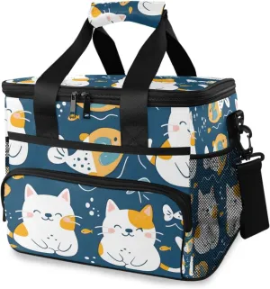 Cute Cat Fish Blue Cooler Bag Insulated Cooler Soft Sided Cooler 24 Can Portable Picnic Bag Large Leakproof Lunch Bag Box for Beach Grocery Camping Travel Car Men Women