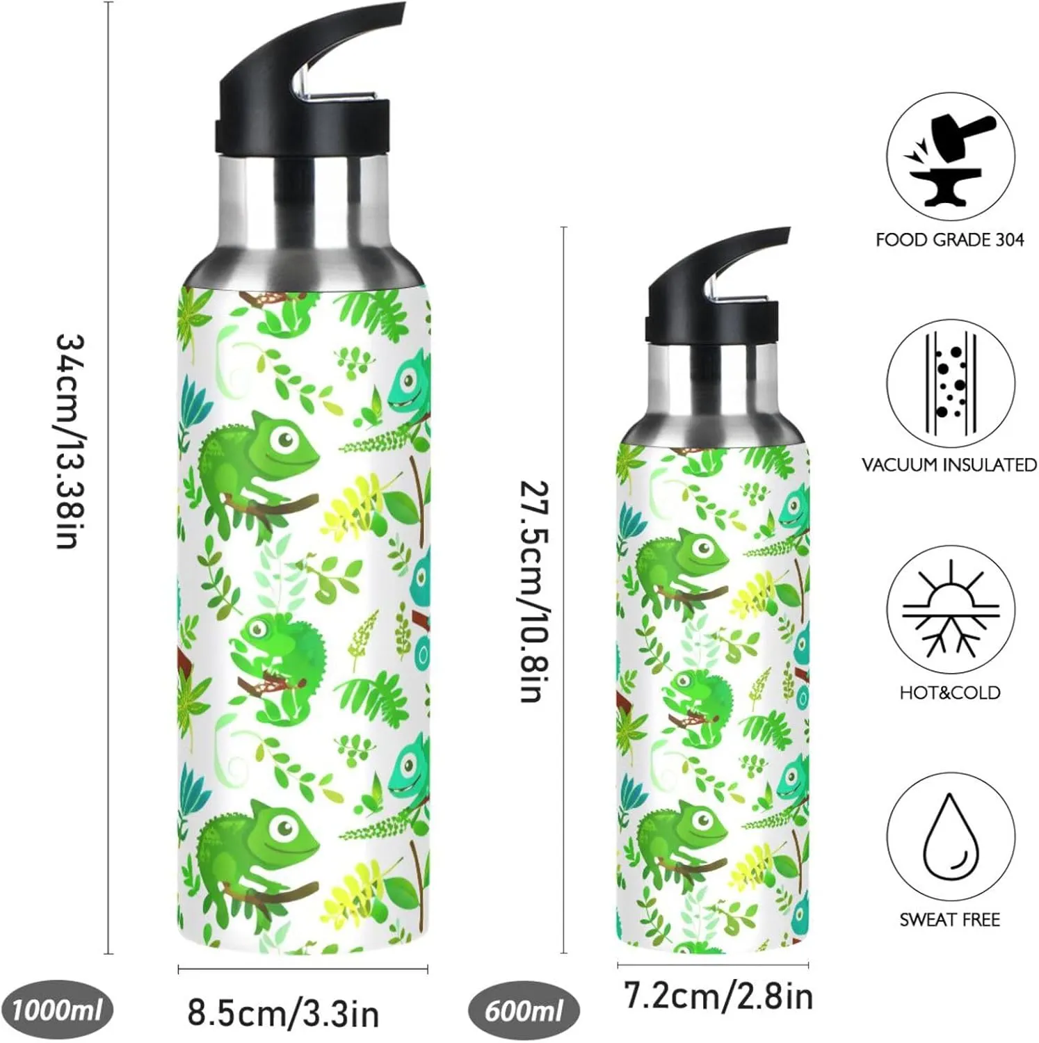 Cute Chameleon Sports Water Bottle with Straw, 22oz BPA Free Stainless Steel Vacuum Insulated Bottle for Gym Fitness Outdoor