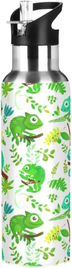 Cute Chameleon Sports Water Bottle with Straw, 22oz BPA Free Stainless Steel Vacuum Insulated Bottle for Gym Fitness Outdoor