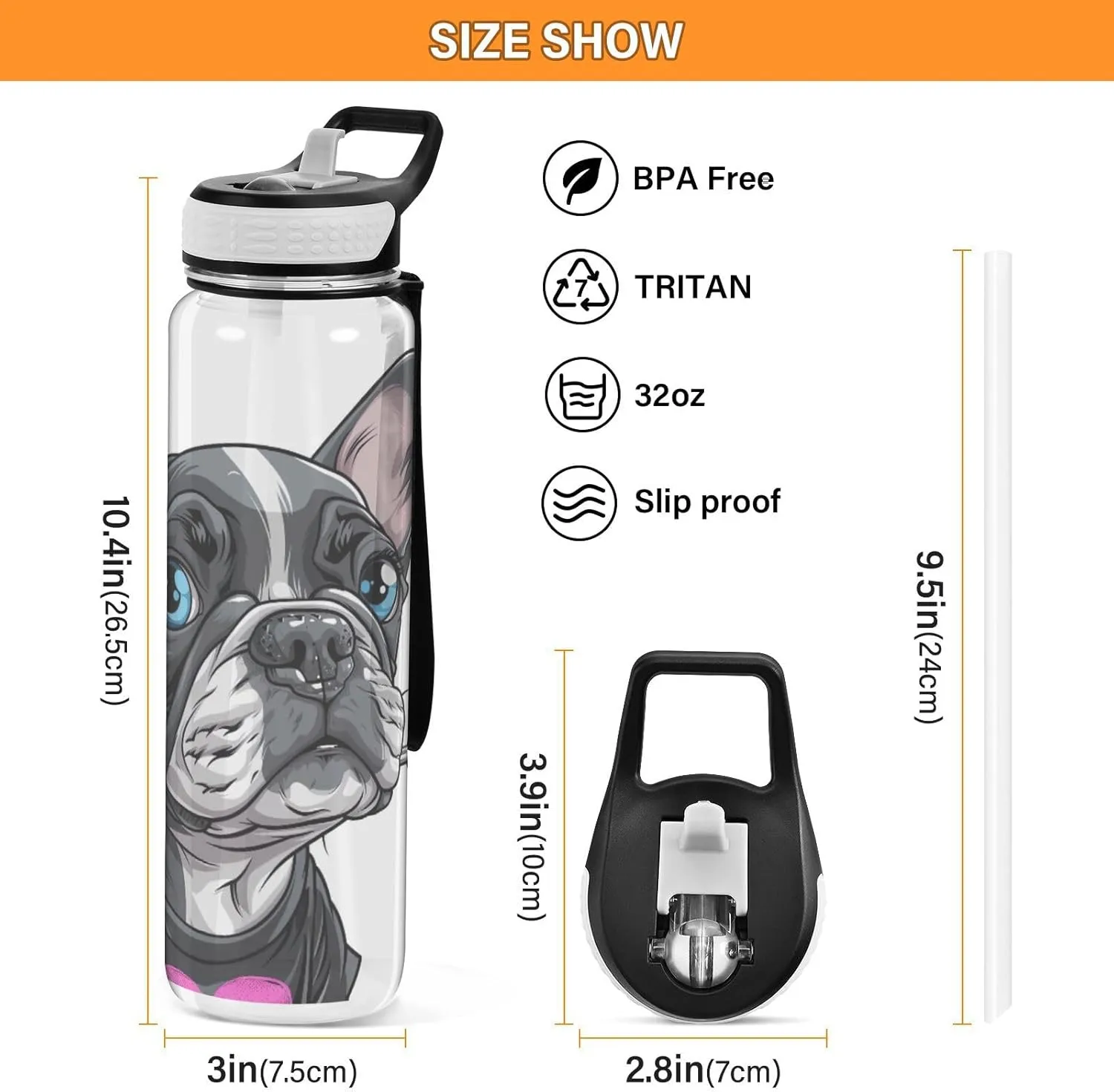 Cute Dog Water Bottle with Straw Lid 32oz Leakproof Clear Gym Water Bottles for Women Men Outdoor Sport Drinking