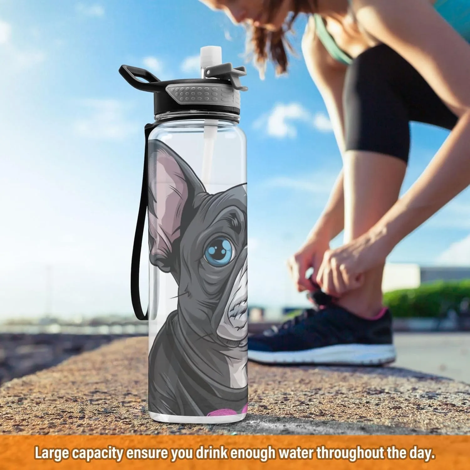 Cute Dog Water Bottle with Straw Lid 32oz Leakproof Clear Gym Water Bottles for Women Men Outdoor Sport Drinking