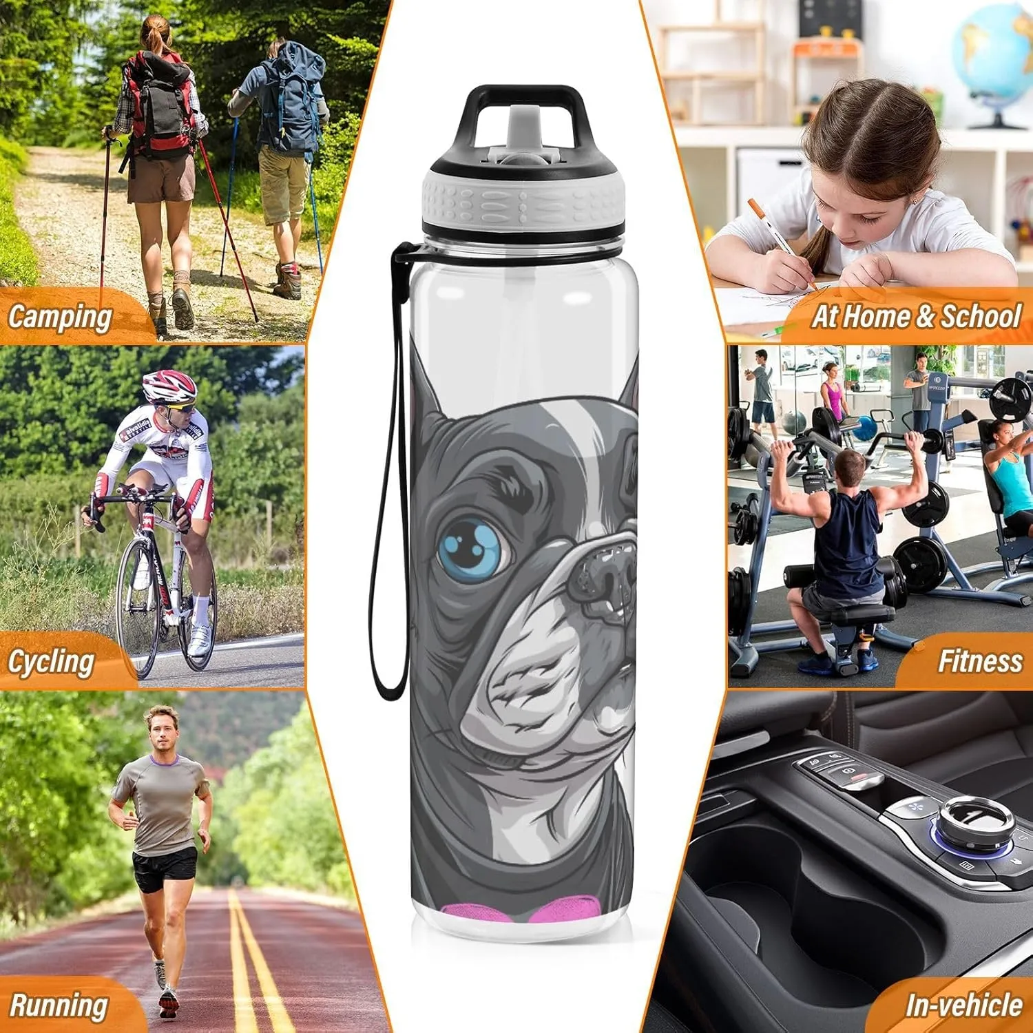 Cute Dog Water Bottle with Straw Lid 32oz Leakproof Clear Gym Water Bottles for Women Men Outdoor Sport Drinking