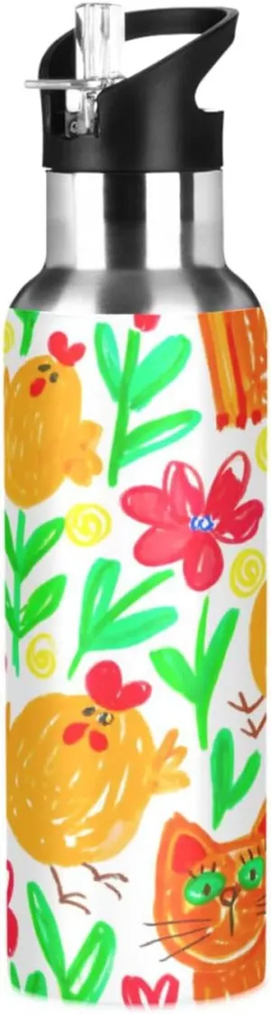 Cute Doodle Sports Water Bottle with Straw, 22oz BPA Free Stainless Steel Vacuum Insulated Bottle for Gym Fitness Outdoor