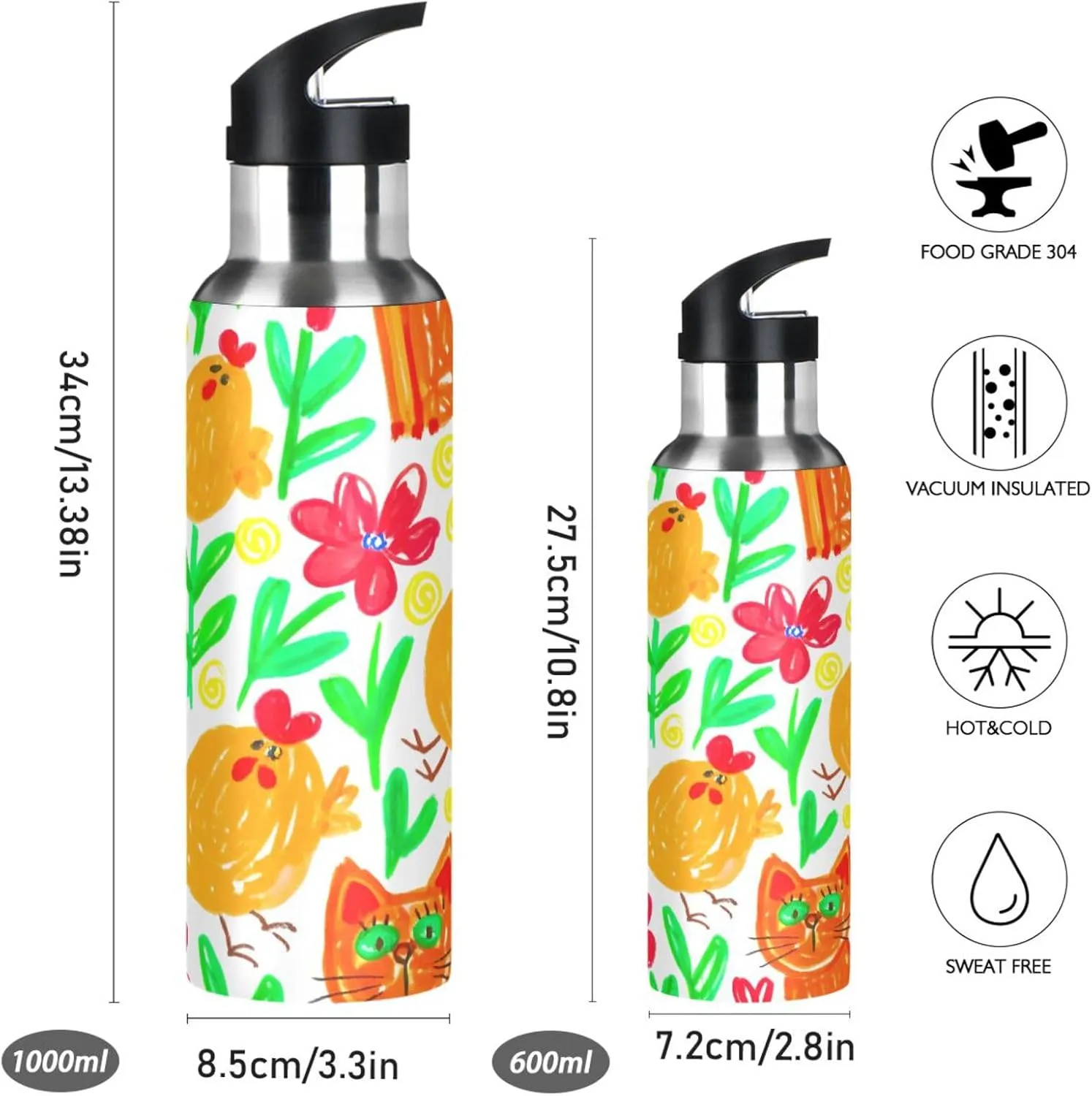 Cute Doodle Sports Water Bottle with Straw, 22oz BPA Free Stainless Steel Vacuum Insulated Bottle for Gym Fitness Outdoor