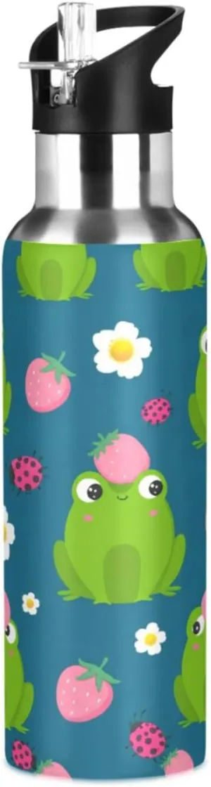 Cute Frog Sports Water Bottle with Straw, 22oz BPA Free Stainless Steel Vacuum Insulated Bottle for Gym Fitness Outdoor