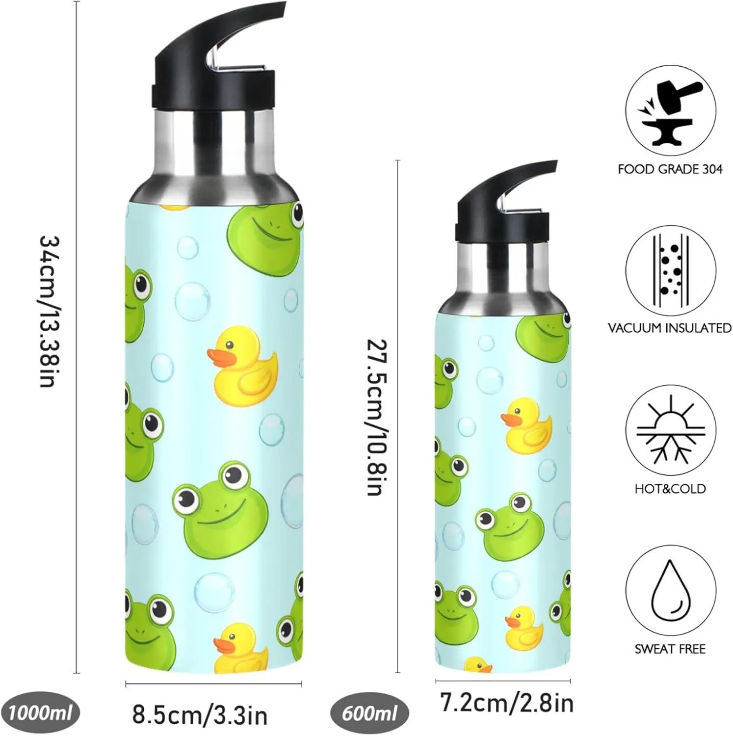 Cute Frog Sports Water Bottle with Straw, 22oz BPA Free Stainless Steel Vacuum Insulated Bottle for Gym Fitness Outdoor