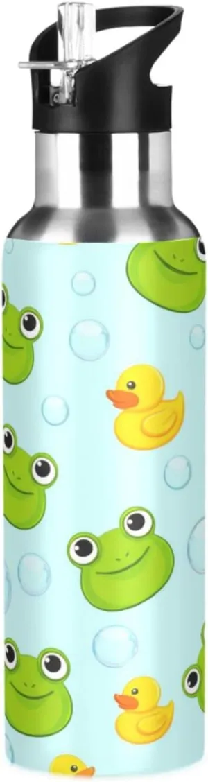 Cute Frog Sports Water Bottle with Straw, 22oz BPA Free Stainless Steel Vacuum Insulated Bottle for Gym Fitness Outdoor