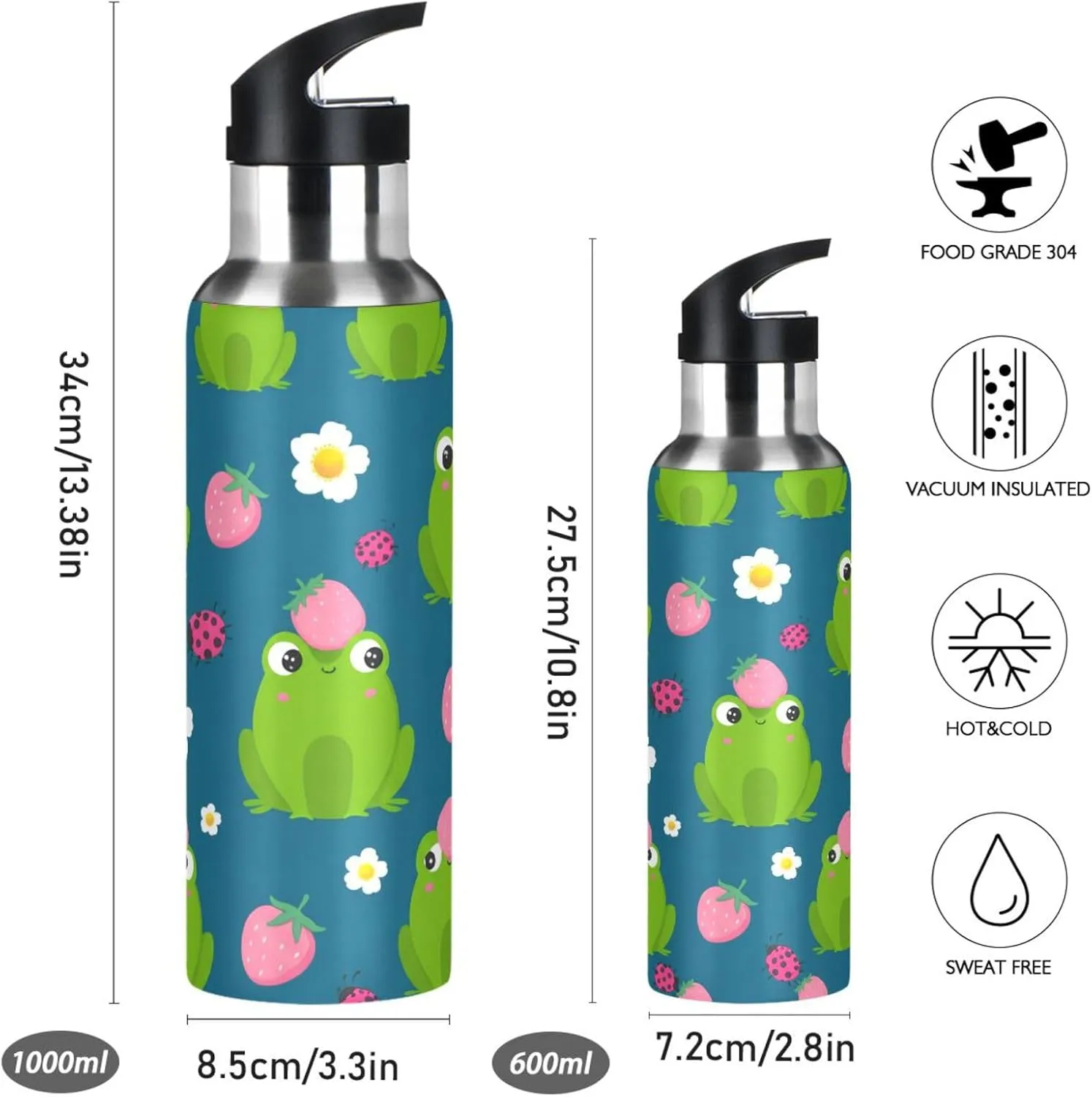 Cute Frog Sports Water Bottle with Straw, 22oz BPA Free Stainless Steel Vacuum Insulated Bottle for Gym Fitness Outdoor