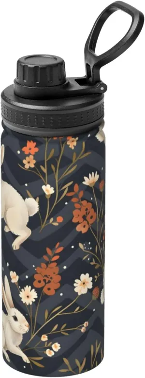 Cute Rabbit Animal Pattern Sports Insulated Water Bottle 18oz Stainless Steel Metal Water Bottles with Handle and Spout Lid Reusable Leakproof Double Wall Water Flask for Men Women Travel Gym