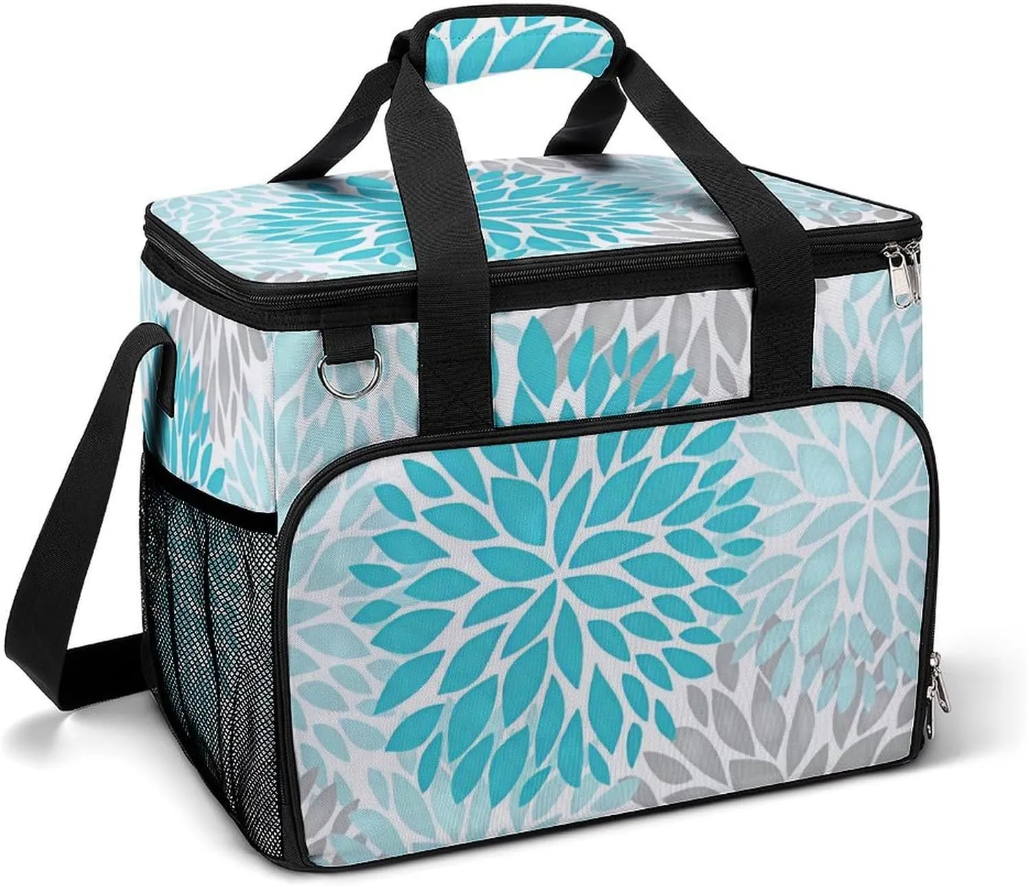 Dahlia Pinnata Flower Floral Blue Gray Cooler Bag, Collapsible Soft Sided Cooler, Large Leakproof Camping Cooler, Portable Travel Cooler for Camping, Road Trips