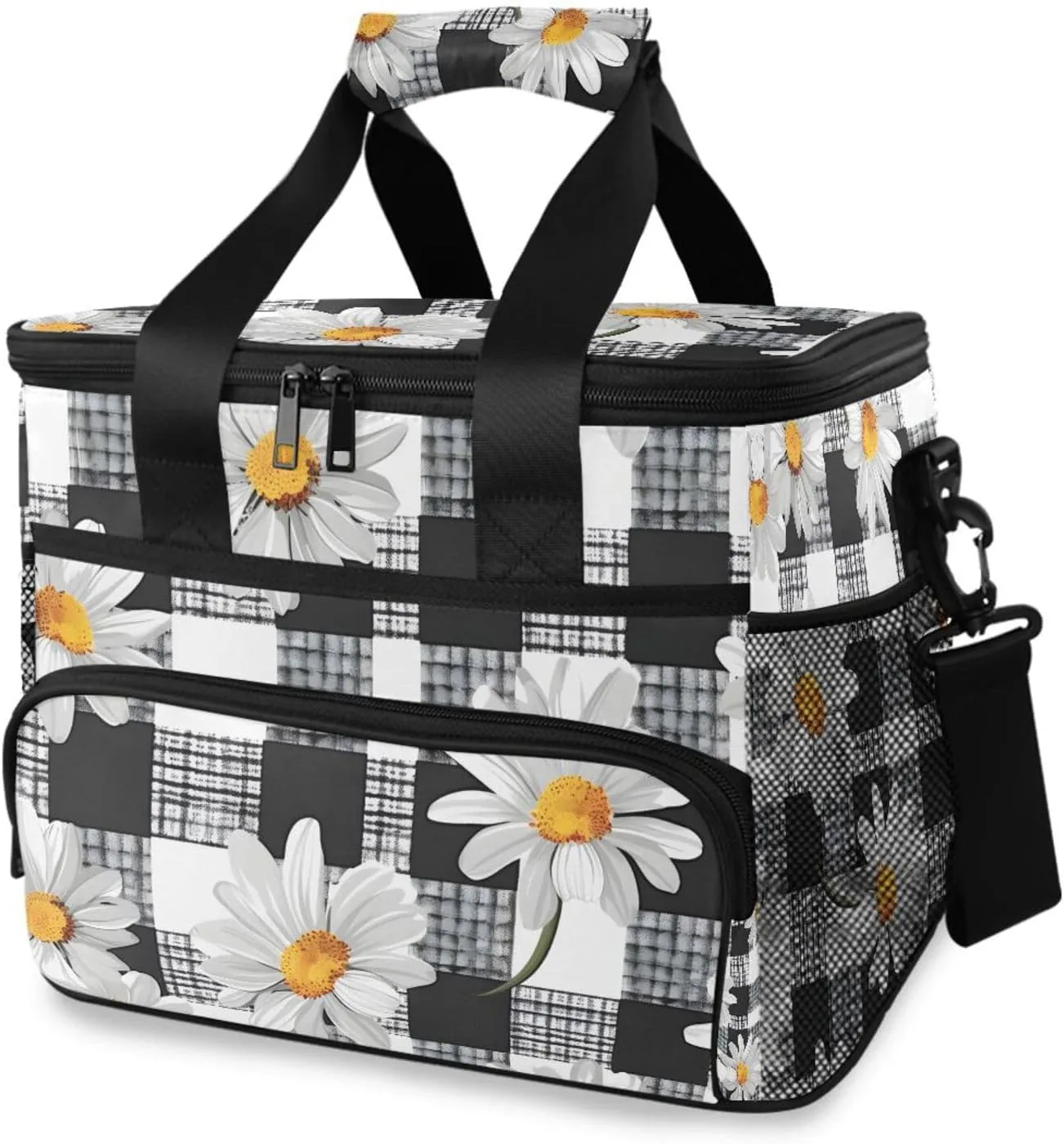 Daisies Black and White Buffalo Plaid Cooler Bag Insulated Cooler Soft Sided Cooler 24 Can Portable Picnic Bag Large Leakproof Lunch Bag Box for Beach Grocery Camping Travel Car Men Women