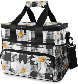 Daisies Black and White Buffalo Plaid Cooler Bag Insulated Cooler Soft Sided Cooler 24 Can Portable Picnic Bag Large Leakproof Lunch Bag Box for Beach Grocery Camping Travel Car Men Women