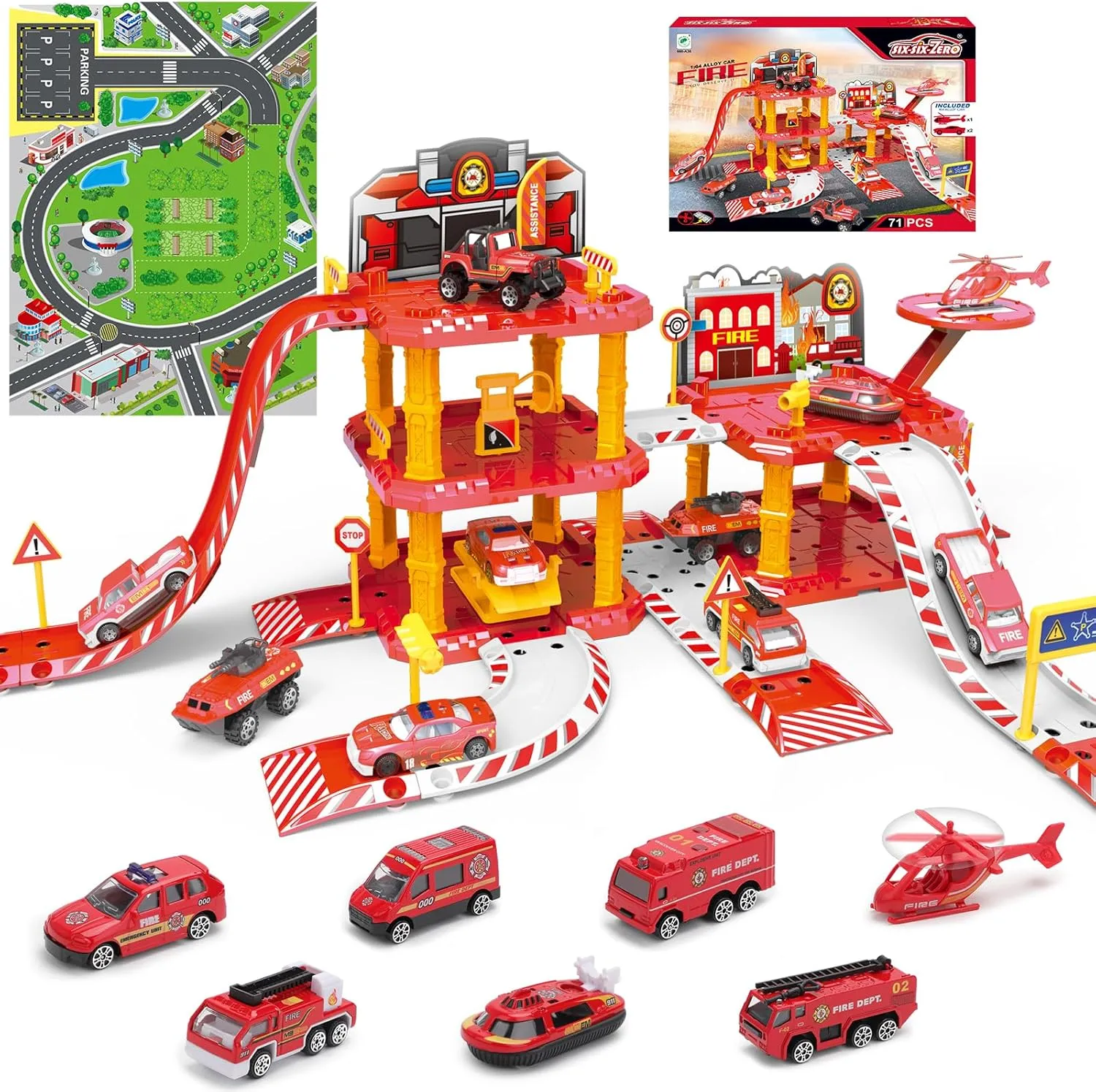 deAO Fire Station Fire Toy Truck Car Race Tracks Vehicle Set Firefighting Playset Pretend Play Toy with City Map,Helicopter Preschool Learning Educational Toys Birthday Gifts for Boys Girls