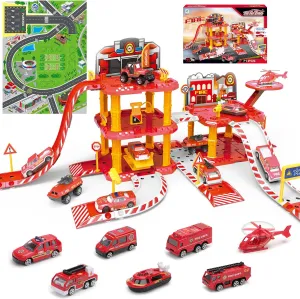 deAO Fire Station Fire Toy Truck Car Race Tracks Vehicle Set Firefighting Playset Pretend Play Toy with City Map,Helicopter Preschool Learning Educational Toys Birthday Gifts for Boys Girls