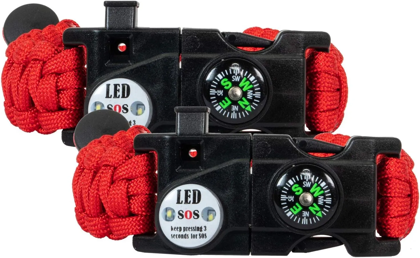 Deco Gear 2-Pack Tactical Emergency Bracelet with SOS LED Light Knife & More - Black & Red
