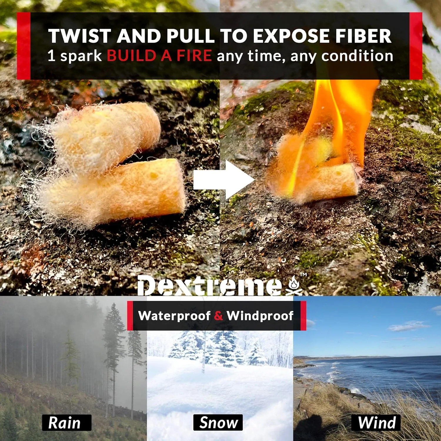 Dextreme Fire Plugs Waterproof Fire Starter for Campfires, Emergencies, Survival, Fire Pits, Grills | 5  Minute Burn | All Natural | Made in North America