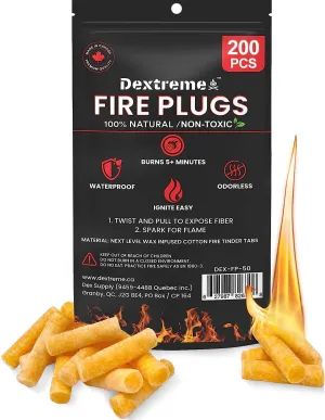 Dextreme Fire Plugs Waterproof Fire Starter for Campfires, Emergencies, Survival, Fire Pits, Grills | 5  Minute Burn | All Natural | Made in North America