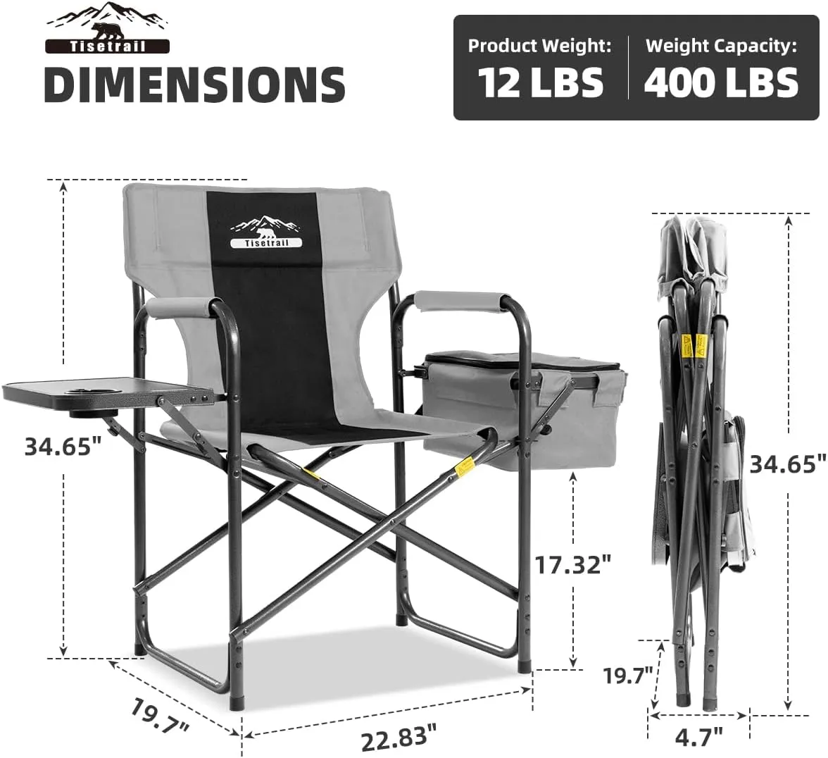 Director Camping Chair with Cooler Bag Camping Directors Chair with Foldable Side Tray Outdoor Folding Lawn Chair, Supports 400lbs, Black & Gray