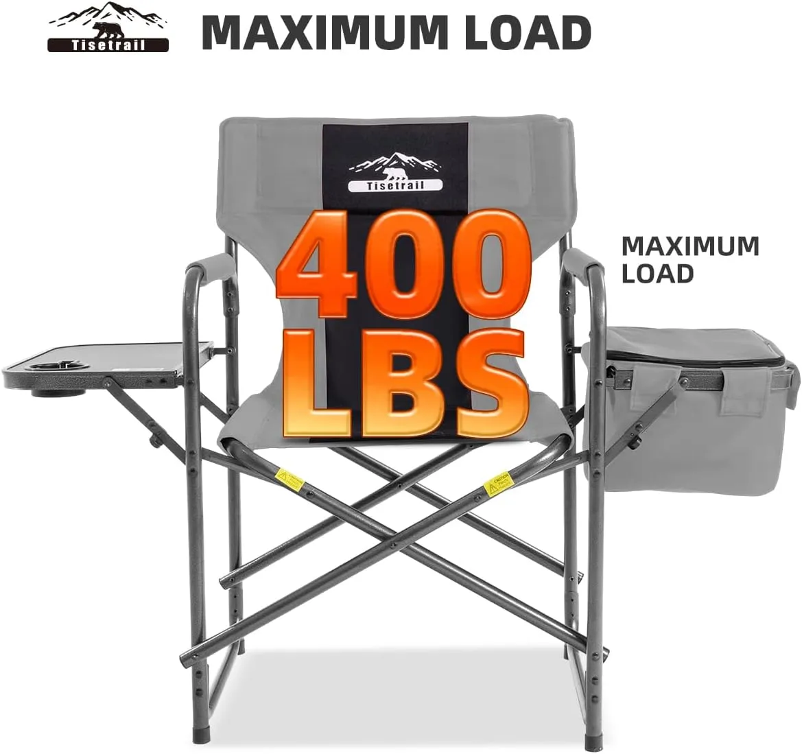Director Camping Chair with Cooler Bag Camping Directors Chair with Foldable Side Tray Outdoor Folding Lawn Chair, Supports 400lbs, Black & Gray