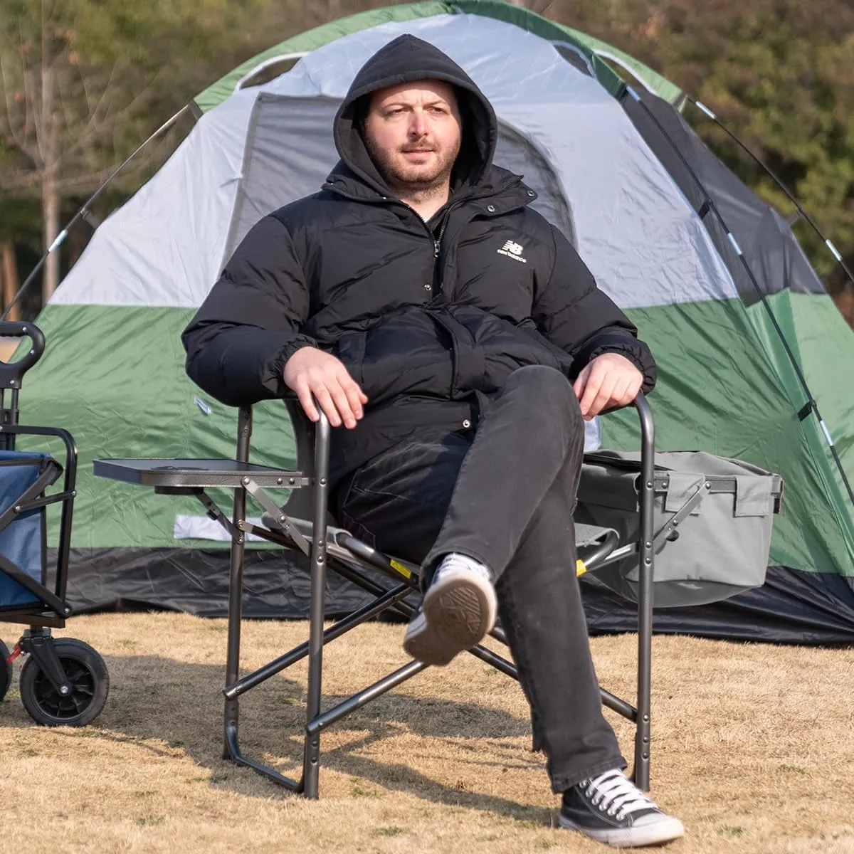 Director Camping Chair with Cooler Bag Camping Directors Chair with Foldable Side Tray Outdoor Folding Lawn Chair, Supports 400lbs, Black & Gray
