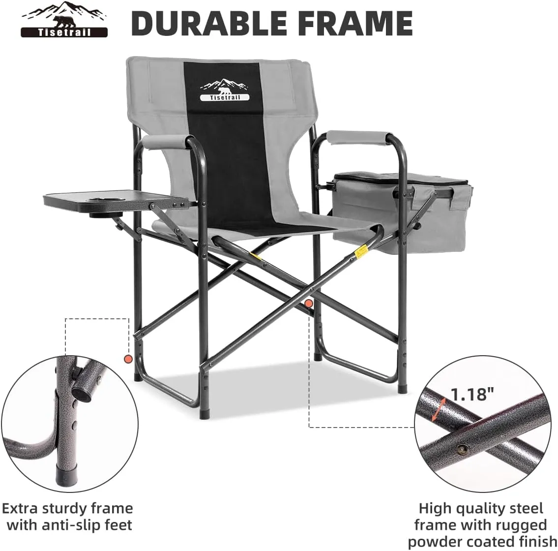 Director Camping Chair with Cooler Bag Camping Directors Chair with Foldable Side Tray Outdoor Folding Lawn Chair, Supports 400lbs, Black & Gray