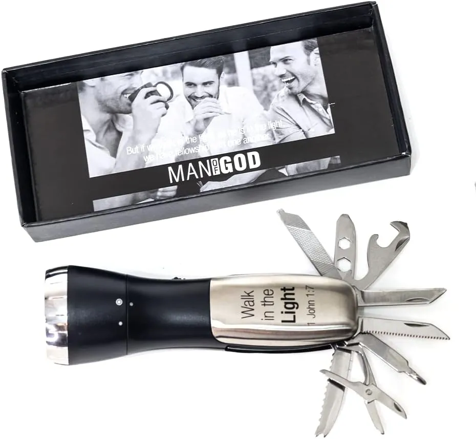 Divinity Boutique Man of God Flashlight Multitool - 10-in-1 Multi-Function Pocket Tool with LED Flashlight, Knives & Blades Survival Gear - Religious Gifts for Men