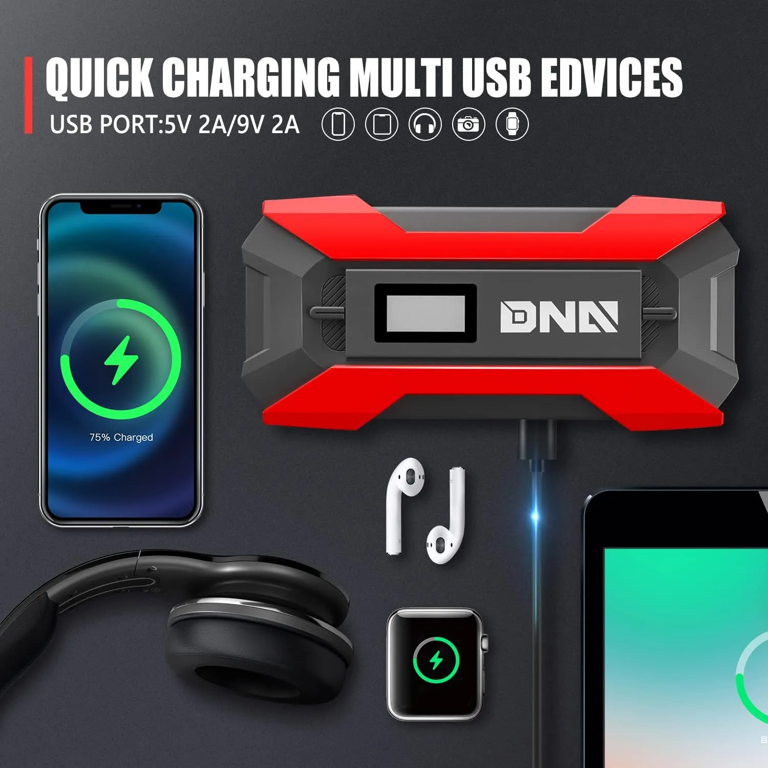 ‎DNA MOTORING TOOLS-00214 12V 1500A 15000 mAh Multi-Function Portable Car Battery Jump Starter for Up to 7.0L Gas & 5.5L Diesel Engine, with Carry Case, Red