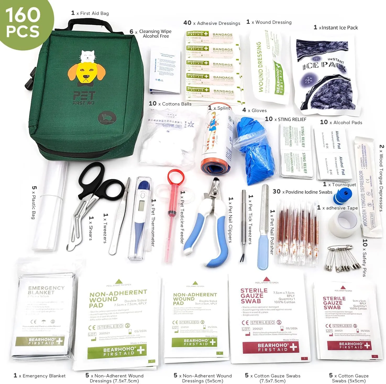 Dog First Aid Kit for Travel&Home Pet Emergency Kit for Dog&Cat 160 Pcs First Aid Supplies with Molle Pouch for Traveling Hiking Camping Hunting