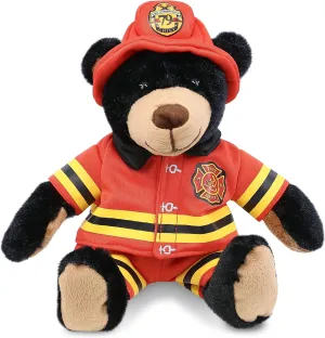 DolliBu Black Bear with Red Plaid Hoodie Firefighter Stuffed Animal with Name Personalization - Bear with Red Fireman Costume Outfit and Fireman Hat, Fire Fighter Doll Plush Toy for Kids - 10 Inch