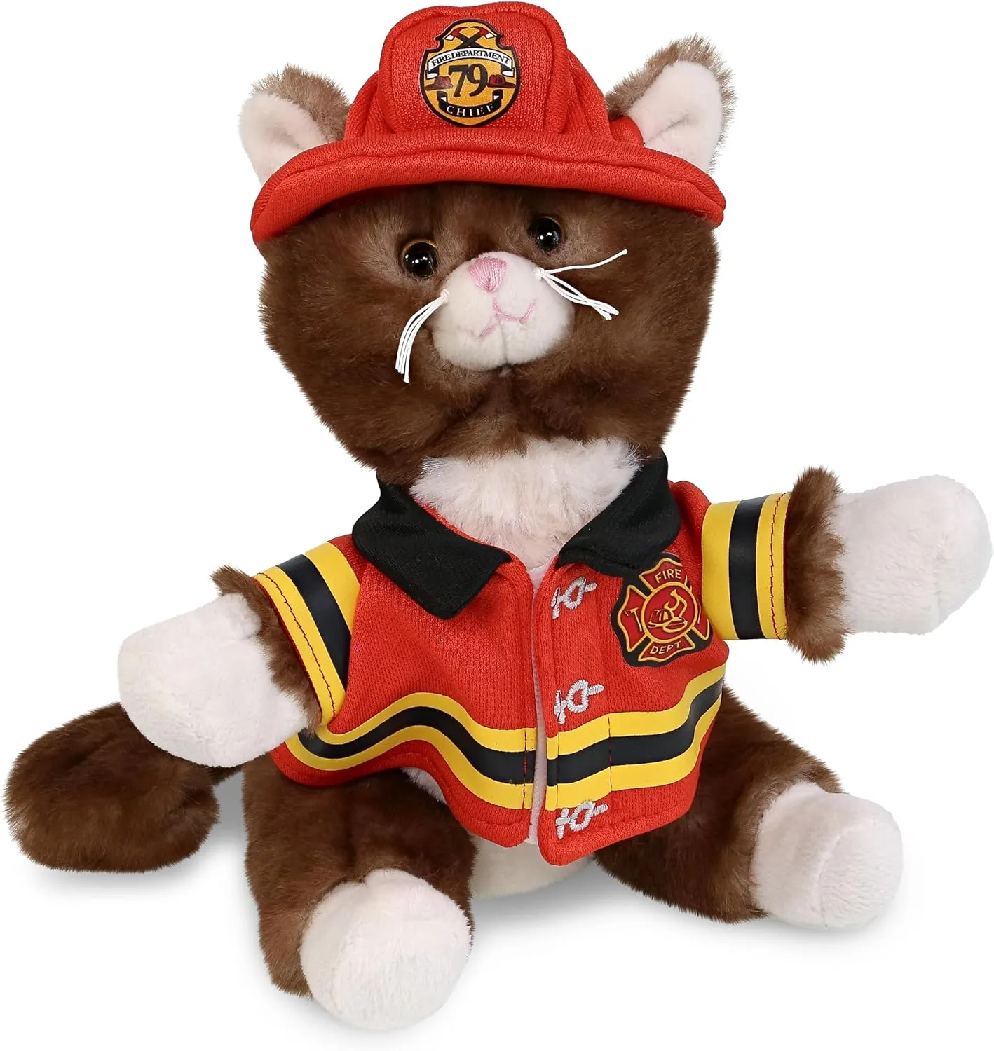 DolliBu Brown Cat Firefighter Stuffed Animal with Name Personalization - Super Soft Cat Plush with Red Fireman Costume Outfit and Fireman Hat, Fire Fighter Doll Plush Toy for Kids - 7 Inch