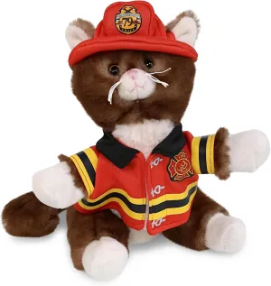 DolliBu Brown Cat Firefighter Stuffed Animal with Name Personalization - Super Soft Cat Plush with Red Fireman Costume Outfit and Fireman Hat, Fire Fighter Doll Plush Toy for Kids - 7 Inch