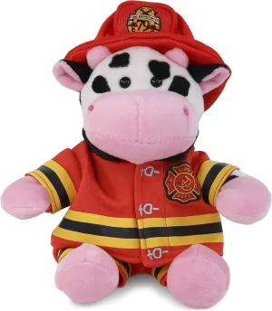 DolliBu Cow Firefighter Stuffed Animal with Name Personalization - Super Soft Cow with Red Fireman Costume Outfit and Fireman Hat, Fire Fighter Doll Plush Toy for Kids - 6 Inch