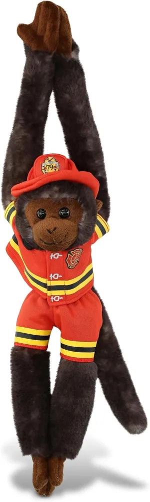 DolliBu Hanging Black Capuchin Monkey Firefighter Stuffed Animal with Name Personalization - Plush with Red Fireman Costume Outfit and Fireman Hat, Fire Fighter Doll Plush Toy for Kids - 21 Inch