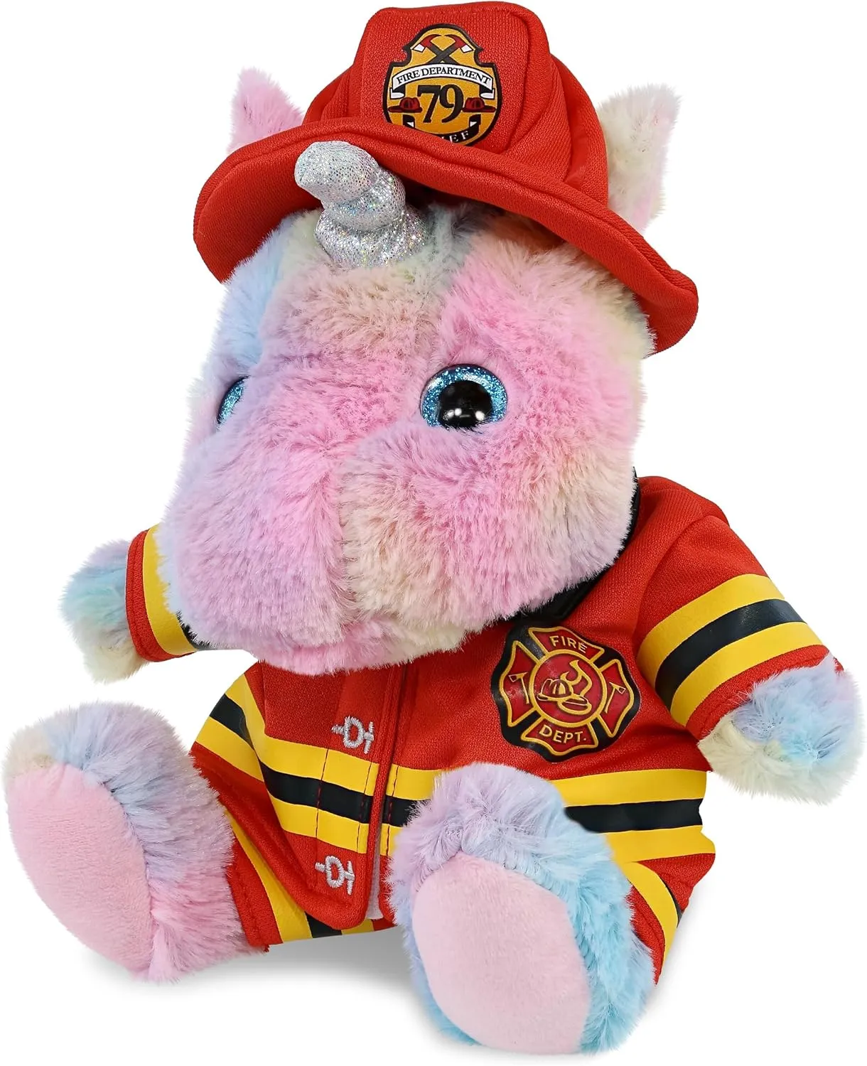 DolliBu Sitting Rainbow Unicorn Firefighter Stuffed Animal with Name Personalization - Super Soft Unicorn with Red Fireman Costume Outfit and Hat, Fire Fighter Doll Plush Toy for Kids - 9 Inch