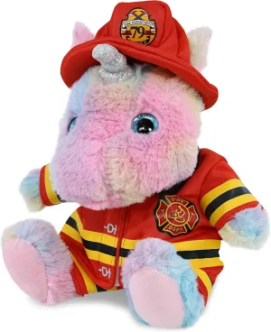 DolliBu Sitting Rainbow Unicorn Firefighter Stuffed Animal with Name Personalization - Super Soft Unicorn with Red Fireman Costume Outfit and Hat, Fire Fighter Doll Plush Toy for Kids - 9 Inch