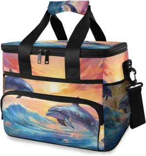 Dolphin Ocean Sunset Cooler Bag Insulated Cooler Soft Sided Cooler 24 Can Portable Picnic Bag Large Leakproof Lunch Bag Box for Beach Grocery Camping Travel Car Men Women