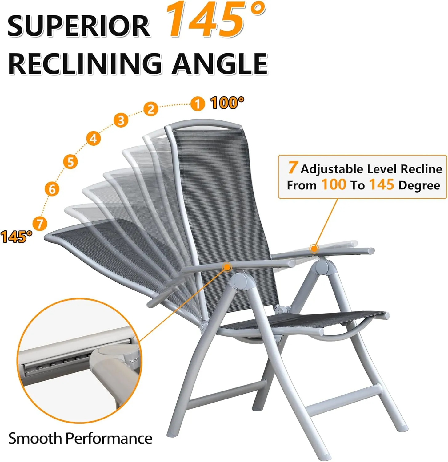 Domi Patio Folding Chairs Set of 2, Aluminium Frame Outdoor Reclining Patio Chairs for Garden Camping Poolside Beach Deck, Adjustable High Back Lawn Chairs with Textilene Fabric Seat, Dark Gray