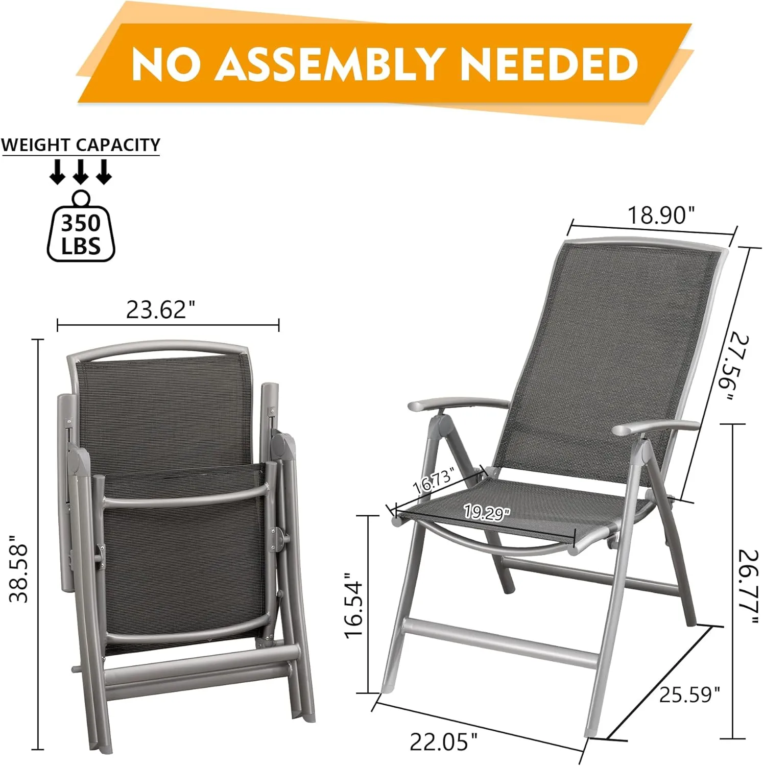 Domi Patio Folding Chairs Set of 2, Aluminium Frame Outdoor Reclining Patio Chairs for Garden Camping Poolside Beach Deck, Adjustable High Back Lawn Chairs with Textilene Fabric Seat, Dark Gray