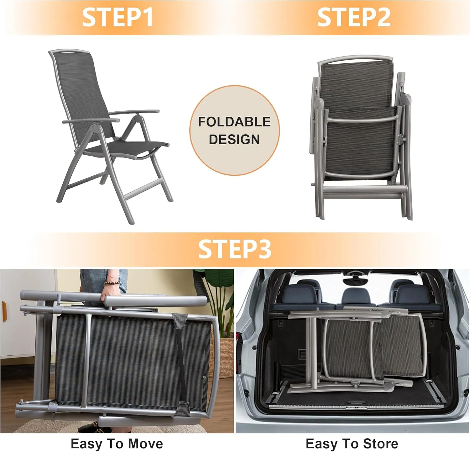 Domi Patio Folding Chairs Set of 2, Aluminium Frame Outdoor Reclining Patio Chairs for Garden Camping Poolside Beach Deck, Adjustable High Back Lawn Chairs with Textilene Fabric Seat, Dark Gray